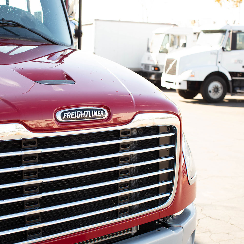 Front hood of red Freightliner